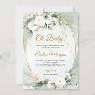 Boho white roses greenery foliage gold oval Baby Invitation