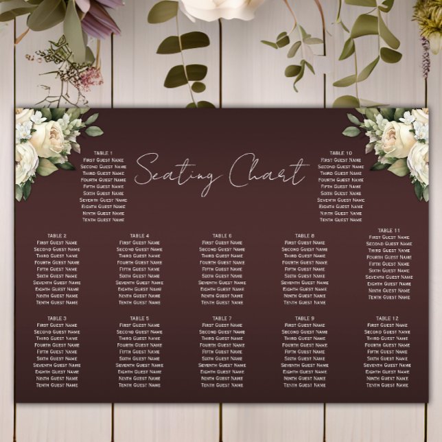Boho White Roses on Burgundy Wedding Seating Chart (Creator Uploaded)
