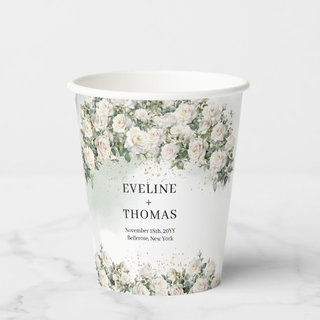 Boho White Roses sage Greenery and Gold wedding Paper Cups (Front)
