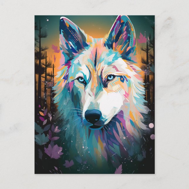 Boho White Wolf Surreal Wildlife Art Postcard (Front)