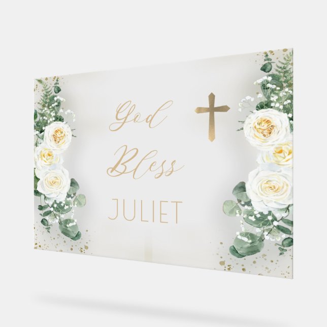 Boho WhiteRose Floral Eucalyptus Baptism God Bless Acrylic Sign (Angle)