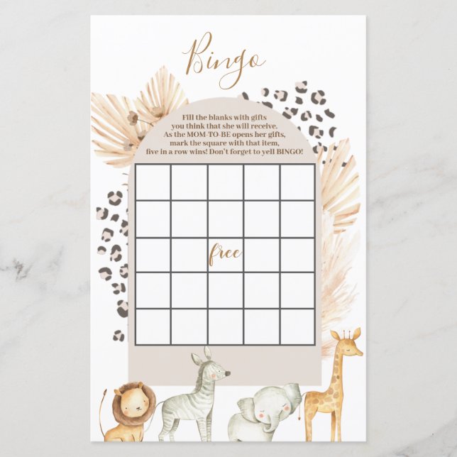 Boho Wild Animals baby shower Bingo Game (Front)