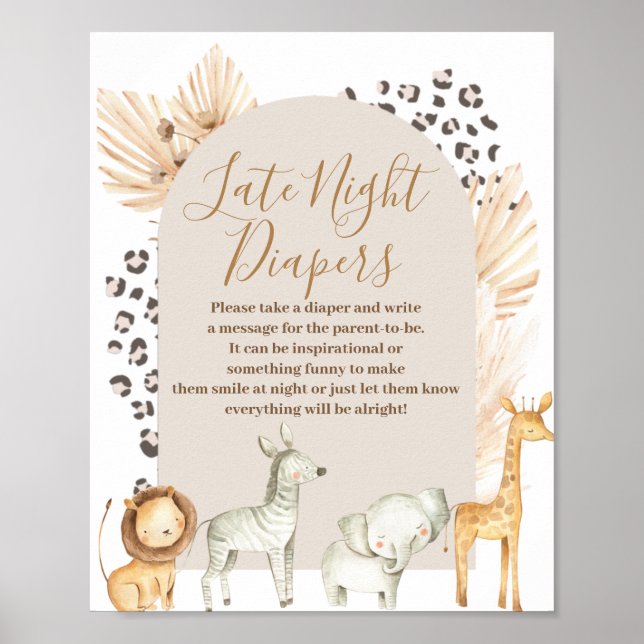 Boho Wild Animals Pampas Grass Late Night Diapers Poster (Front)