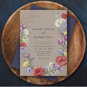 Boho Wild Flower Kraft & Purple Wedding  Invitation