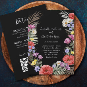 Boho  Wild Flowers Black All In One Wedding Invitation