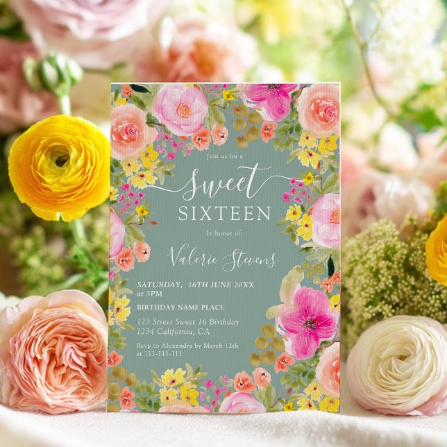 Boho wild flowers Eucalyptus watercolor Sweet 16  Invitation (Boho wild flowers Eucalyptus watercolor Sweet 16 Invitation)