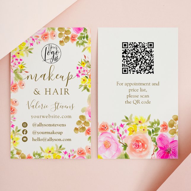 Boho wild flowers garden watercolor makeup hair business card (Boho wild flowers garden watercolor makeup hair business card)