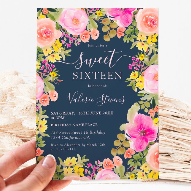 Boho wild flowers garden watercolor Sweet 16 blue Invitation (Boho wild flowers garden watercolor Sweet 16 Invitation on navy blue)