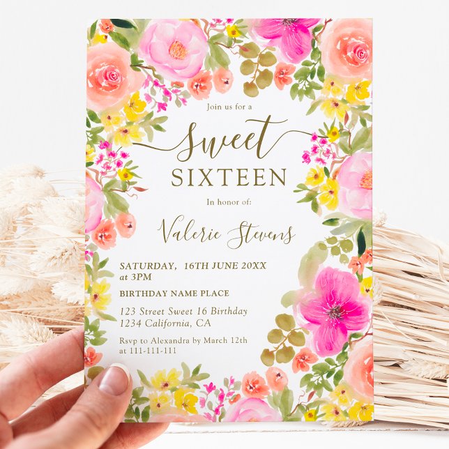 Boho wild flowers garden watercolor Sweet 16 Invitation (Boho wild flowers garden watercolor Sweet 16 Invitation)