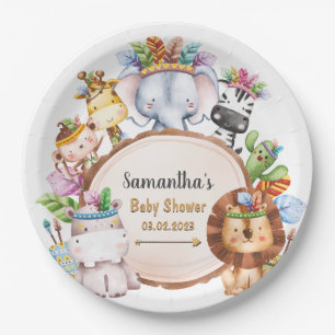 Boho Wild Giraffe Zebra Elephant Baby Shower Paper Plate