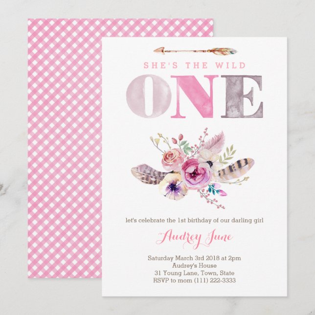 Boho Wild ONE First Birthday Invites for Girl (Front/Back)