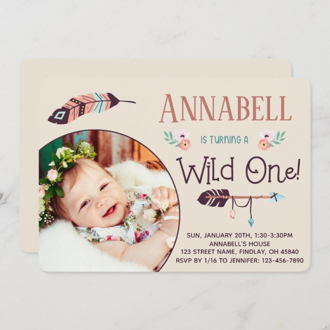 Boho Wild ONE Girly First Birthday Invitation (Front/Back)
