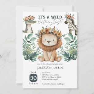 Boho Wild One Lion Double Kids Birthday Invitation