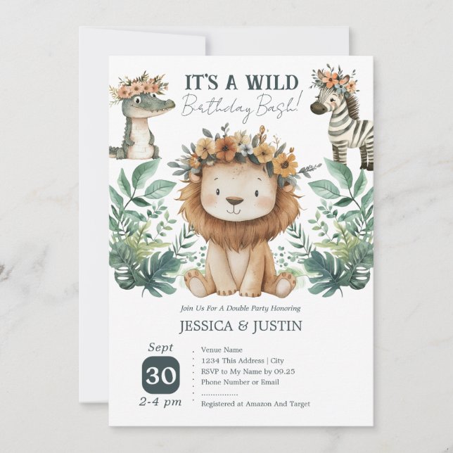 Boho Wild One Lion Double Kids Birthday Invitation (Front)
