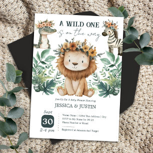 Boho Wild One Lion Floral Baby Shower Invitation