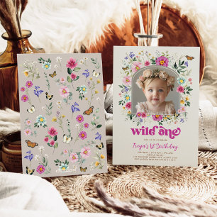 Boho Wild One Wildflower 1st Birthday Photo Invitation