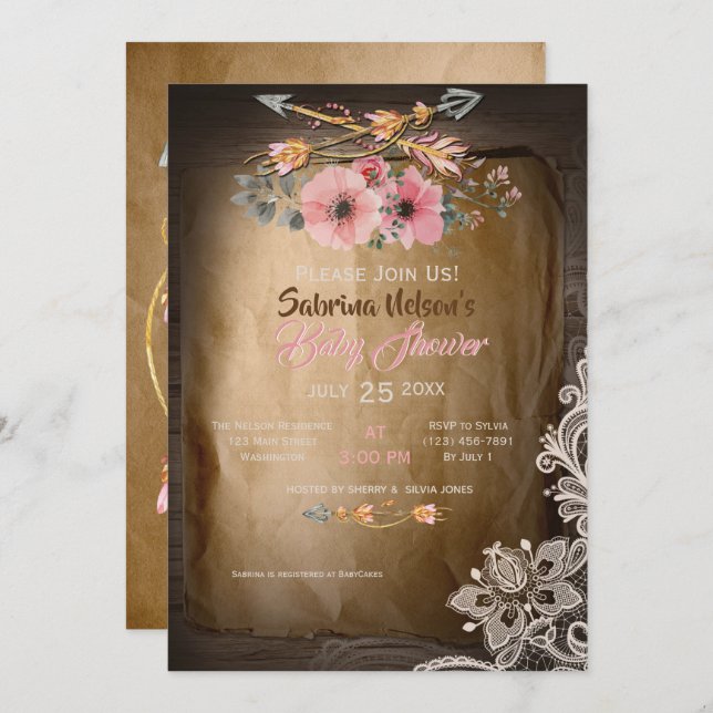 BOHO Wild Roses Girl Baby Shower Invitation (Front/Back)