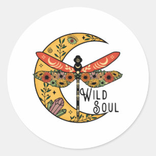 Boho Wild Soul Moon Dragonfly Classic Round Sticker