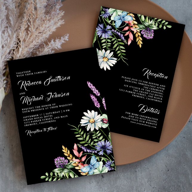 Boho Wildflower All in One Black Wedding Invitation (Creator Uploaded)