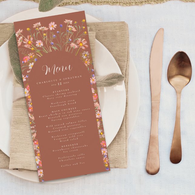 Boho Wildflower Arch Fall Burnt Orange Wedding Menu (Boho fall wildflower floral arch elegant beige script burnt orange wedding menu card)