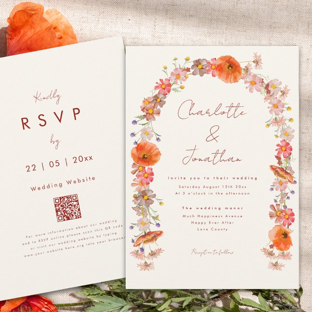 Boho Wildflower Arch Fall Wedding Invitation (Boho floral arch fall wedding invitation with burnt orange script and website qr code)
