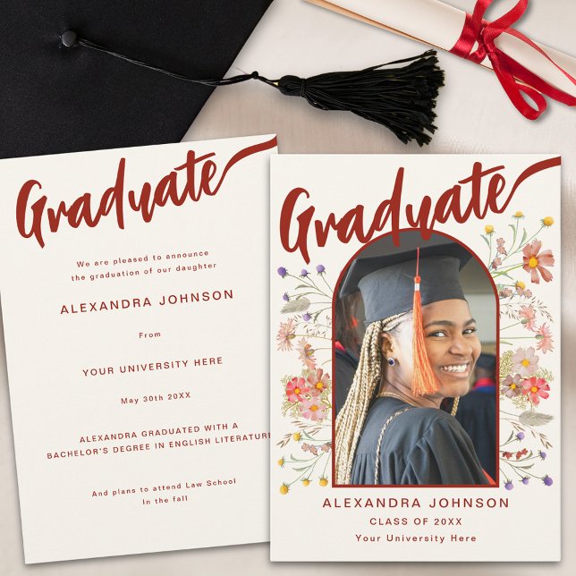 Boho Wildflower Arch Graduate Photo Script Announcement (Elegant wildflower arch graduate photo burnt orange calligraphy script Graduation announcement card)