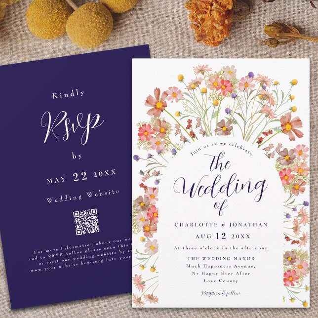 Boho Wildflower Arch Navy Blue White Wedding Invitation (Boho rustic wildflower floral arch fall navy blue and with wedding invitation With rsvp qr code)