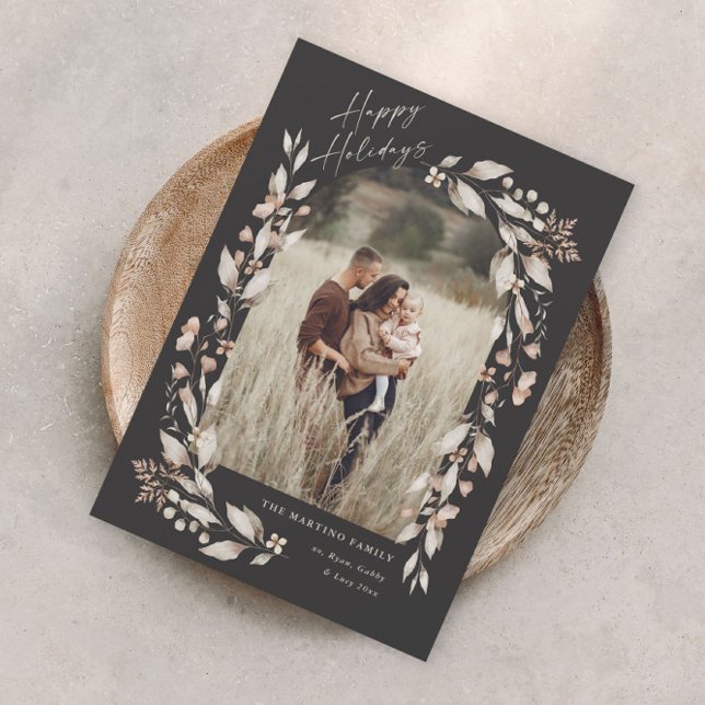 Boho Wildflower Arch Photo Christmas Holiday Card (Boho wildflower arch photo holiday card with elegant happy holidays script.)