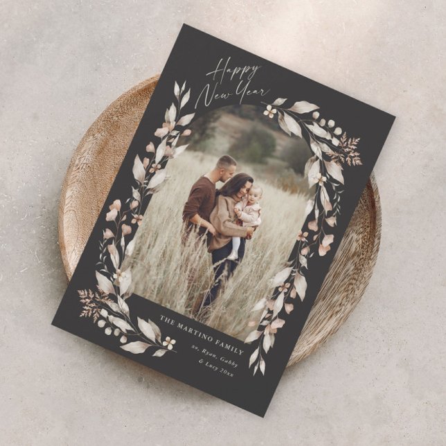 Boho Wildflower Arch Photo New Year (Boho wildflower arch photo new years card with elegant script and hand painted watercolor foliage.)