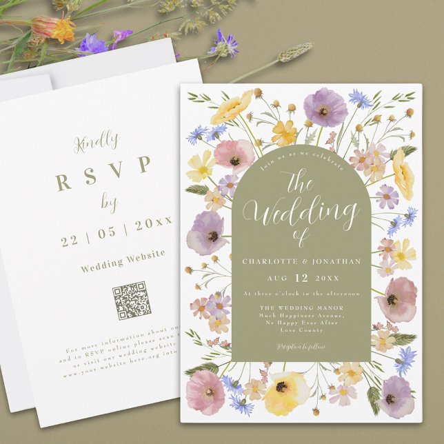 Boho Wildflower Arch Spring Wedding Invitation (Colorful Wildflower wedding invitation with sage green arch elegant script and watercolor florals)