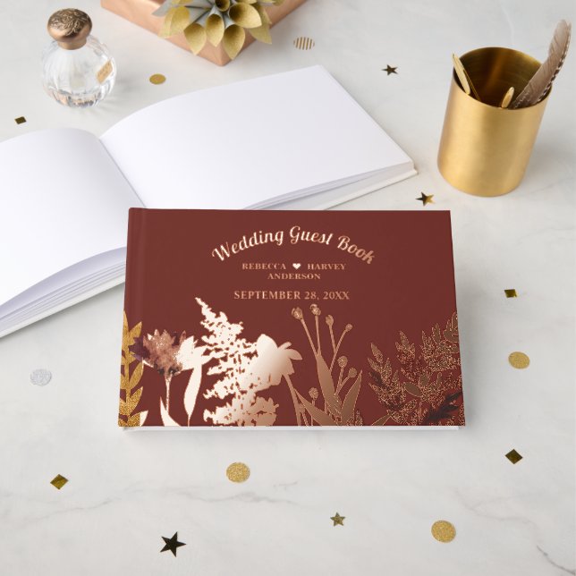 Boho Wildflower Autumn Fall Wedding Real Foil  Guest Book (Front Open)