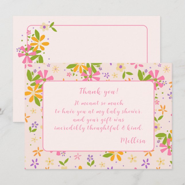 Boho Wildflower Baby Girl Shower Thank You Note Invitation (Front/Back)