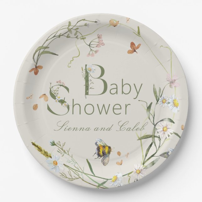 Boho Wildflower Bee Beige Baby Shower Paper Plate (Front)