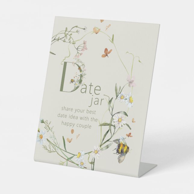 Boho Wildflower Bee Beige Bridal Shower Date jar  Pedestal Sign (Front)