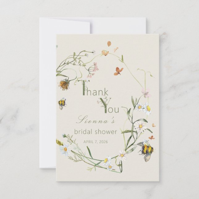 Boho Wildflower Bee Beige Bridal Shower Thank You Card (Front)