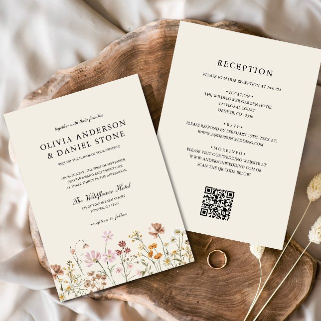 Boho Wildflower Beige All in One QR Code Wedding Invitation (Creator Uploaded)