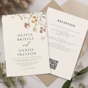 Boho Wildflower Beige All in One QR Code Wedding Invitation