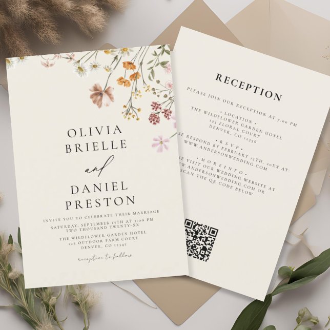 Boho Wildflower Beige All in One QR Code Wedding Invitation (Creator Uploaded)