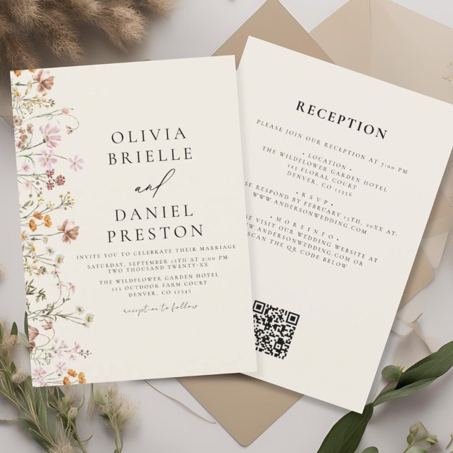 Boho Wildflower Beige All in One QR Code Wedding Invitation (Creator Uploaded)