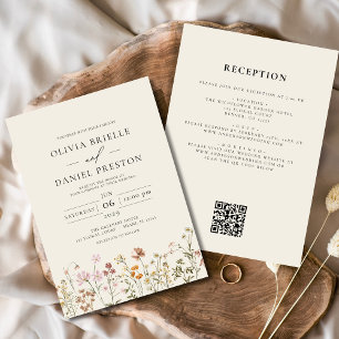 Boho Wildflower Beige All in One QR Code Wedding Invitation