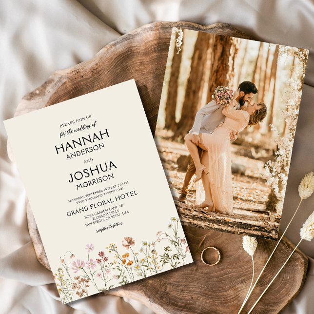 Boho Wildflower Beige Garden Photo Wedding Invitation (Creator Uploaded)