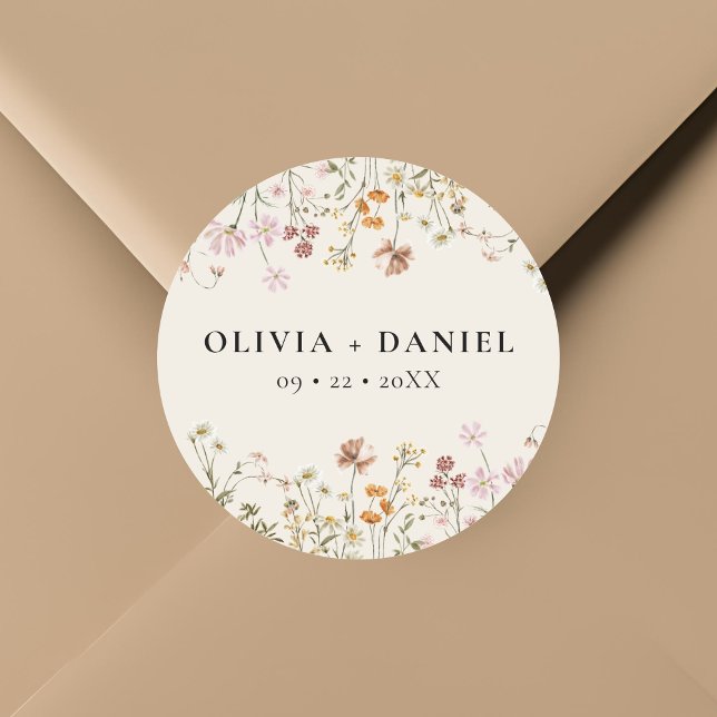 Boho Wildflower Beige Garden Wedding Classic Round Sticker (Creator Uploaded)