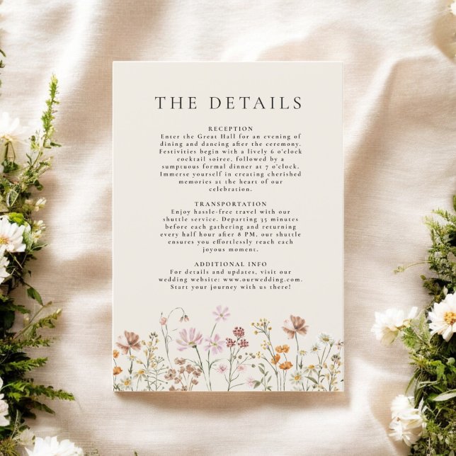 Boho Wildflower Beige Garden Wedding Details Invitation (Creator Uploaded)