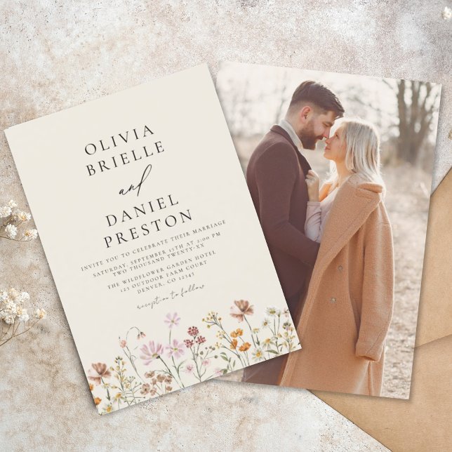 Boho Wildflower Beige Photo Garden Wedding Invitation (Creator Uploaded)