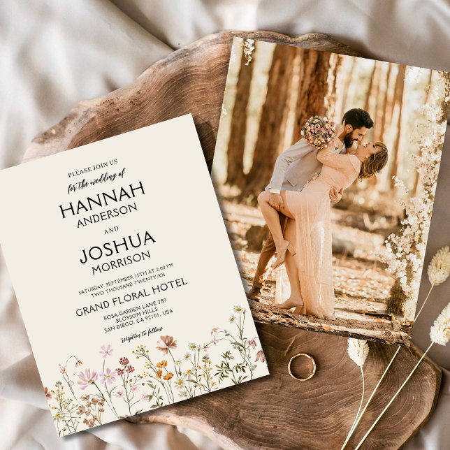 Boho Wildflower Beige Photo Wedding Invitation Flyer (Creator Uploaded)