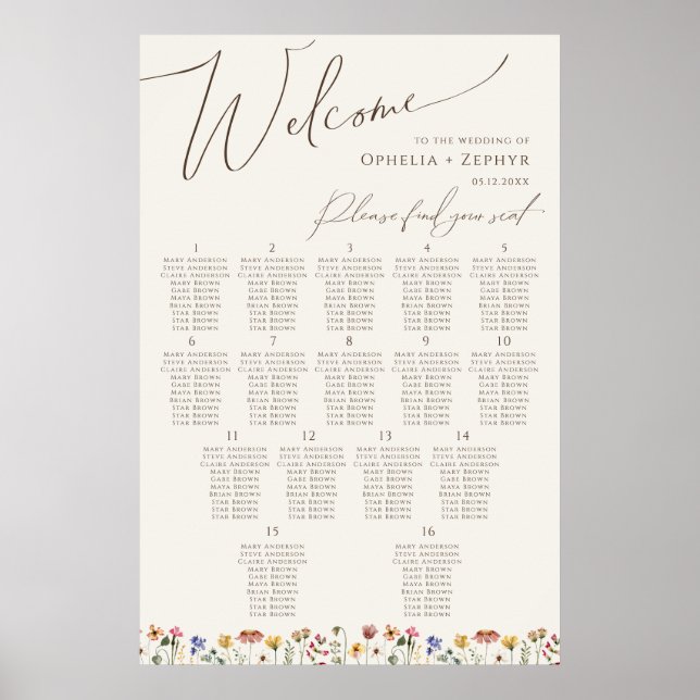 Boho Wildflower | Beige Table Number Seating Chart (Front)
