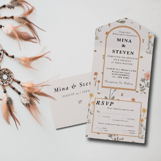 Boho Wildflower beige Wedding All In One Invitation