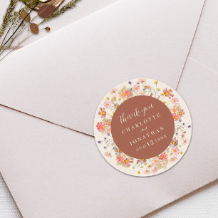 Boho Wildflower Beige Wedding Thank You  Classic Round Sticker