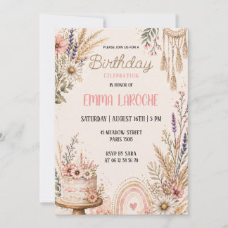 Boho Wildflower Birthday Floral Pampas Watercolor Invitation