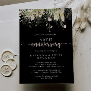 Boho Wildflower Black 50th Wedding Anniversary  Invitation